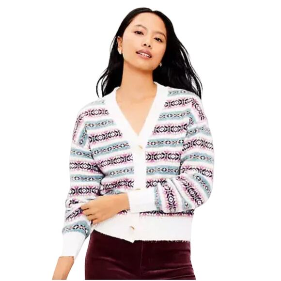 **NWT LOFT Ivory Fair Isle Relaxed Button Front Cardigan Sweater - Picture 3 of 10